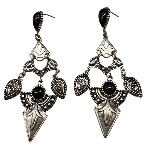 Faux Black Onyx Textured Dangle Drop Pierced Earrings Silver Tone Bohemian - Picture 1 of 5